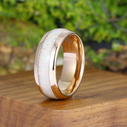 Polished Snow White Opal Men' s Tungsten Ring Rose Gold Plated Promise Unisex Wedding Band