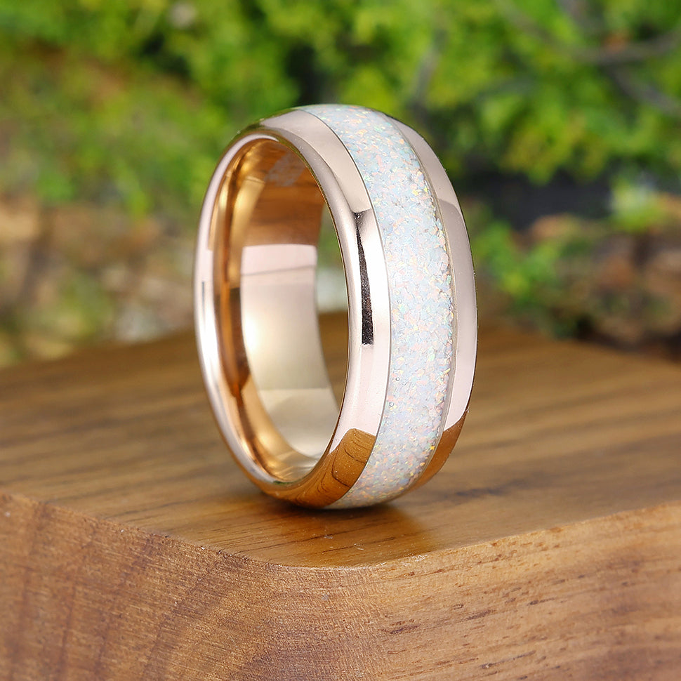 Polished Snow White Opal Men' s Tungsten Ring Rose Gold Plated Promise Unisex Wedding Band