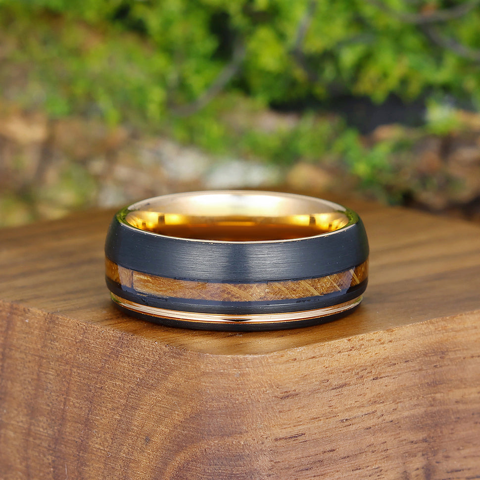 Unique Wood Strips Black Tungsten Wedding Band Men' s  Promise Unisex Ring