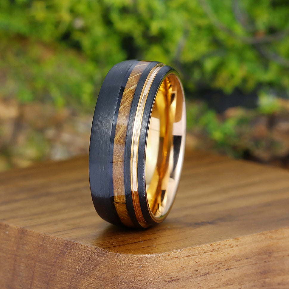 Unique Wood Strips Black Tungsten Wedding Band Men' s  Promise Unisex Ring