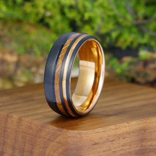 Unique Wood Strips Black Tungsten Wedding Band Men' s  Promise Unisex Ring