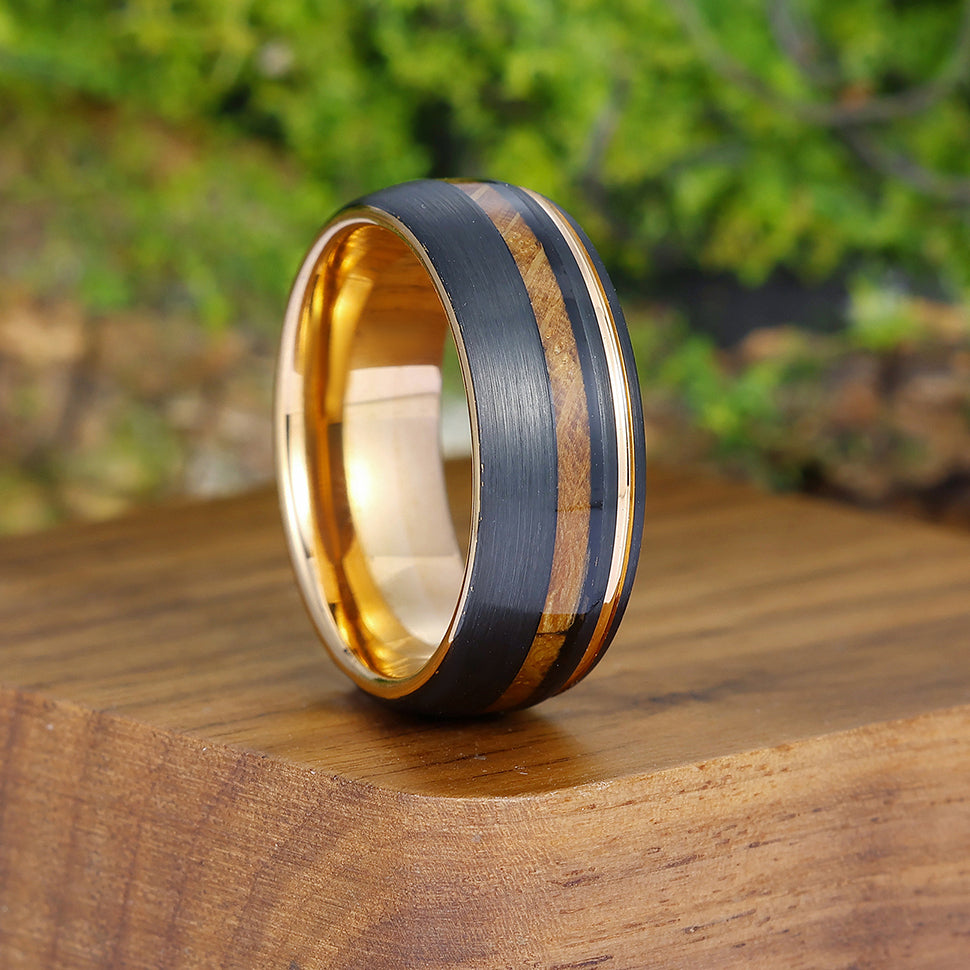 Unique Wood Strips Black Tungsten Wedding Band Men' s  Promise Unisex Ring