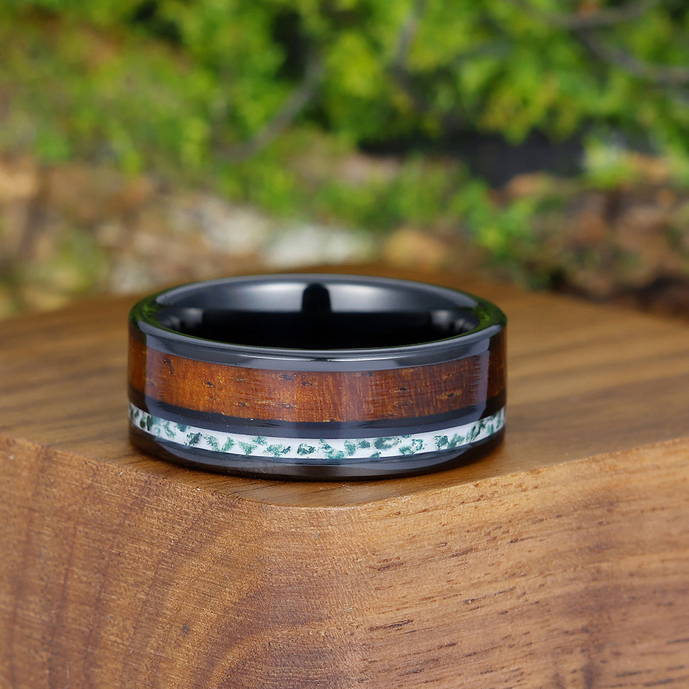 Unique Moss Agate Wood Strips Men' s Tungsten Ring Black Promise Wedding Band For Men And Women