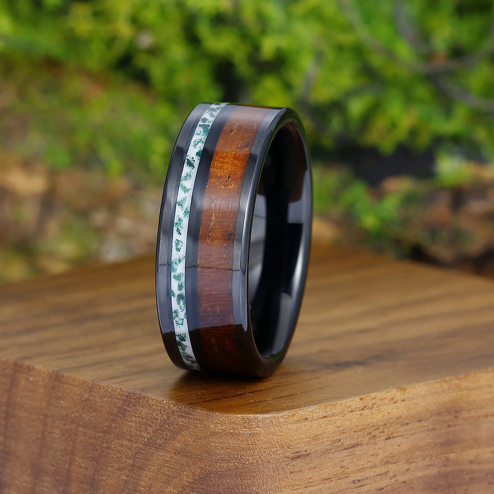 Unique Moss Agate Wood Strips Men' s Tungsten Ring Black Promise Wedding Band For Men And Women