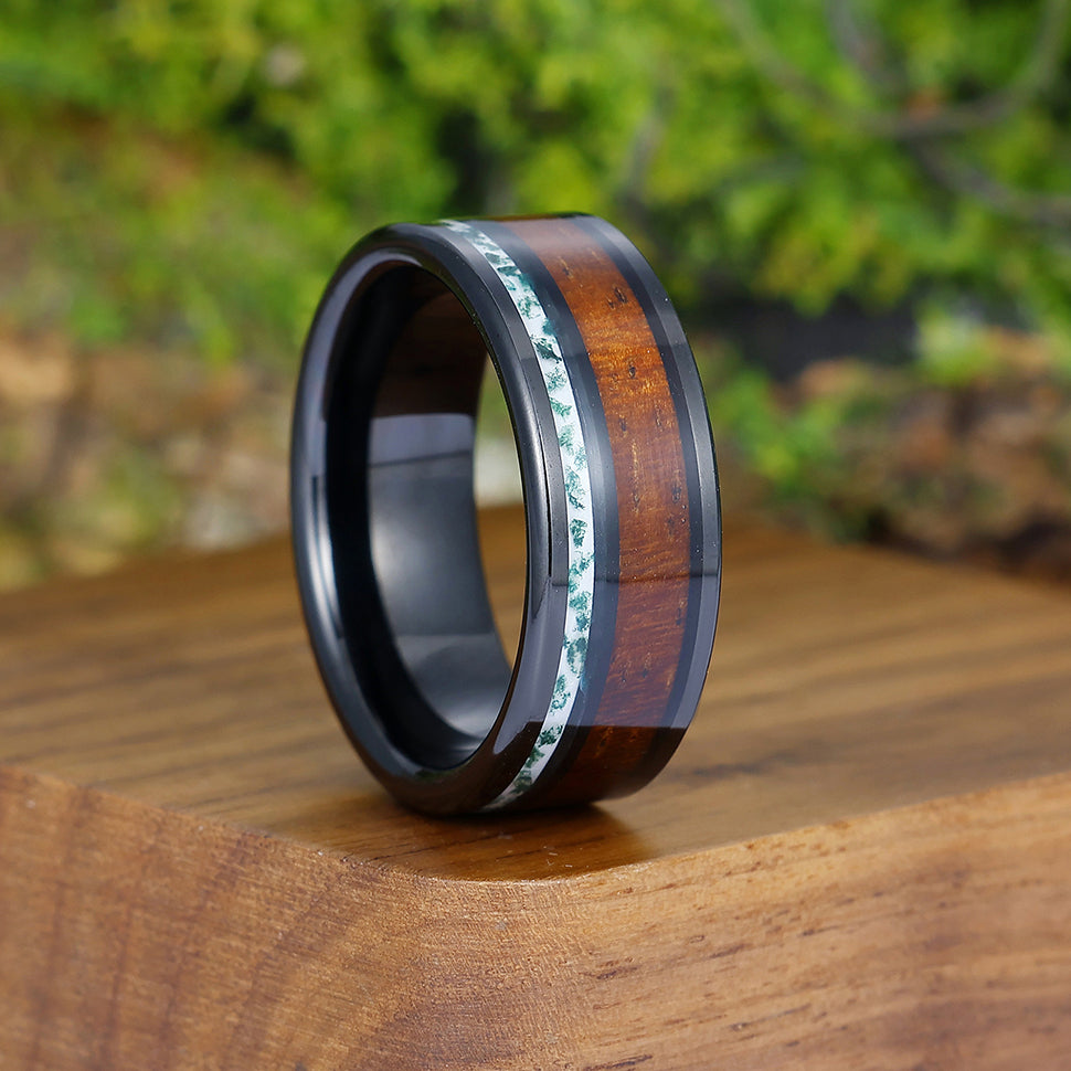 Unique Moss Agate Wood Strips Men' s Tungsten Ring Black Promise Wedding Band For Men And Women