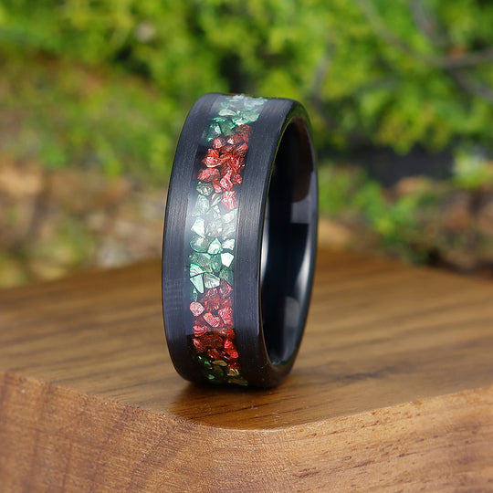 Unique Two-tone Emerald Ruby Mens Tungsten Ring Promise Black Anniversary Unisex Wedding Band