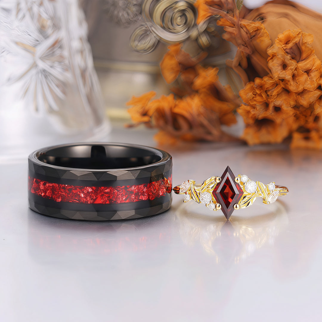 Exquisite Rhombus Cut Yellow Gold Red Garnet Couple Ring Set Leaf Inspired His And Hers Rings -  Esdomera.com