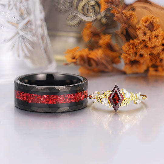 Exquisite Rhombus Cut Yellow Gold Red Garnet Couple Ring Set Leaf Inspired His And Hers Rings -  Esdomera.com