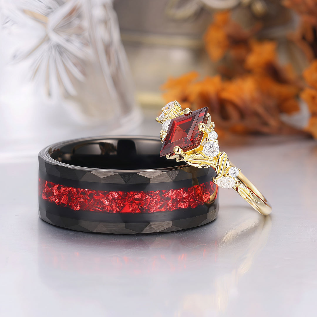 Exquisite Rhombus Cut Yellow Gold Red Garnet Couple Ring Set Leaf Inspired His And Hers Rings -  Esdomera.com