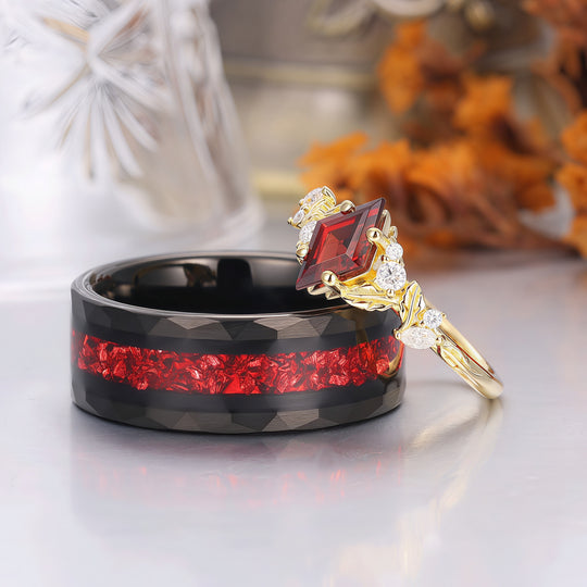 Exquisite Rhombus Cut Yellow Gold Red Garnet Couple Ring Set Leaf Inspired His And Hers Rings -  Esdomera.com