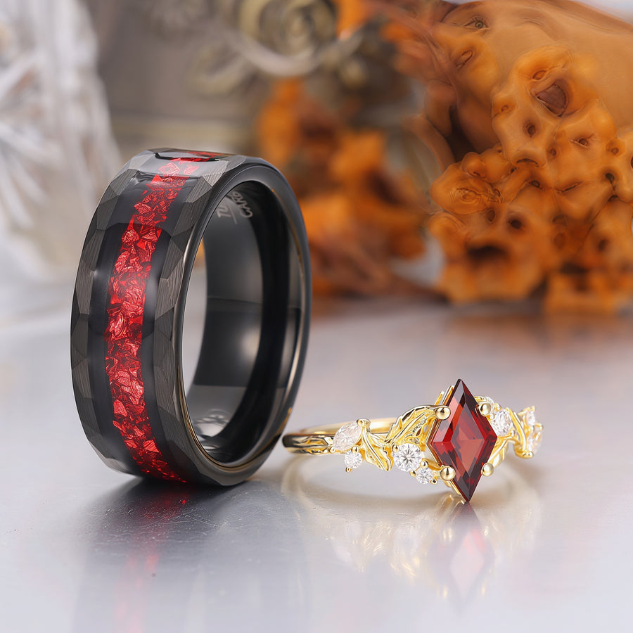 Exquisite Rhombus Cut Yellow Gold Red Garnet Couple Ring Set Leaf Inspired His And Hers Rings -  Esdomera.com