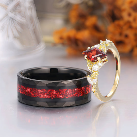 Exquisite Rhombus Cut Yellow Gold Red Garnet Couple Ring Set Leaf Inspired His And Hers Rings -  Esdomera.com