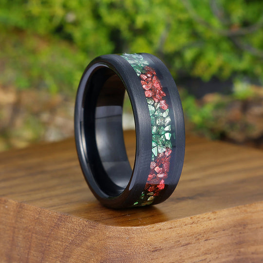 Unique Two-tone Emerald Ruby Mens Tungsten Ring Promise Black Anniversary Unisex Wedding Band