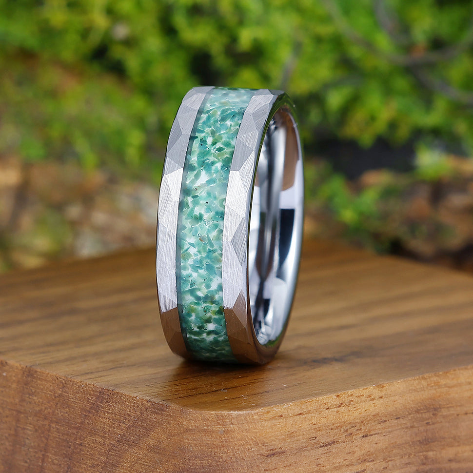 Hammered Moss Agate Men' s Tungsten Ring Silver Plated Promise Wedding Band For Men And Women