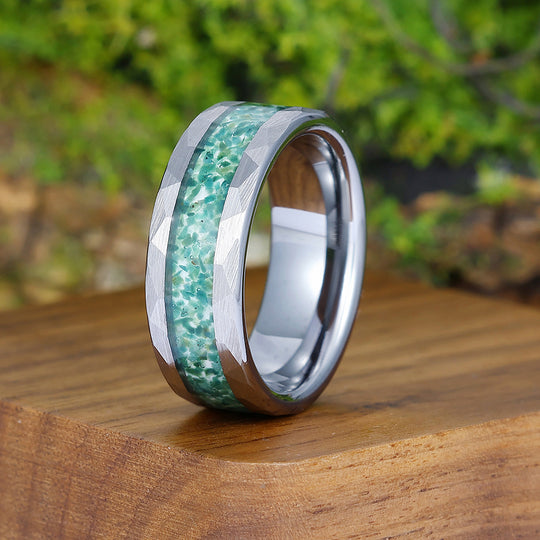 Hammered Moss Agate Men' s Tungsten Ring Silver Plated Promise Wedding Band For Men And Women