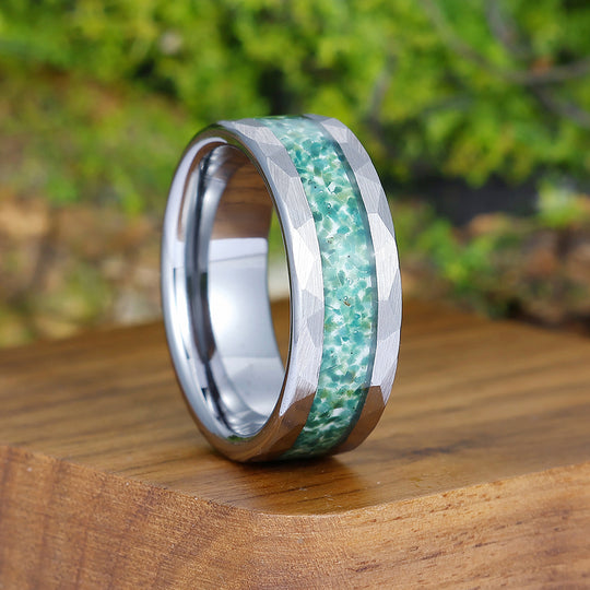 Hammered Moss Agate Men' s Tungsten Ring Silver Plated Promise Wedding Band For Men And Women