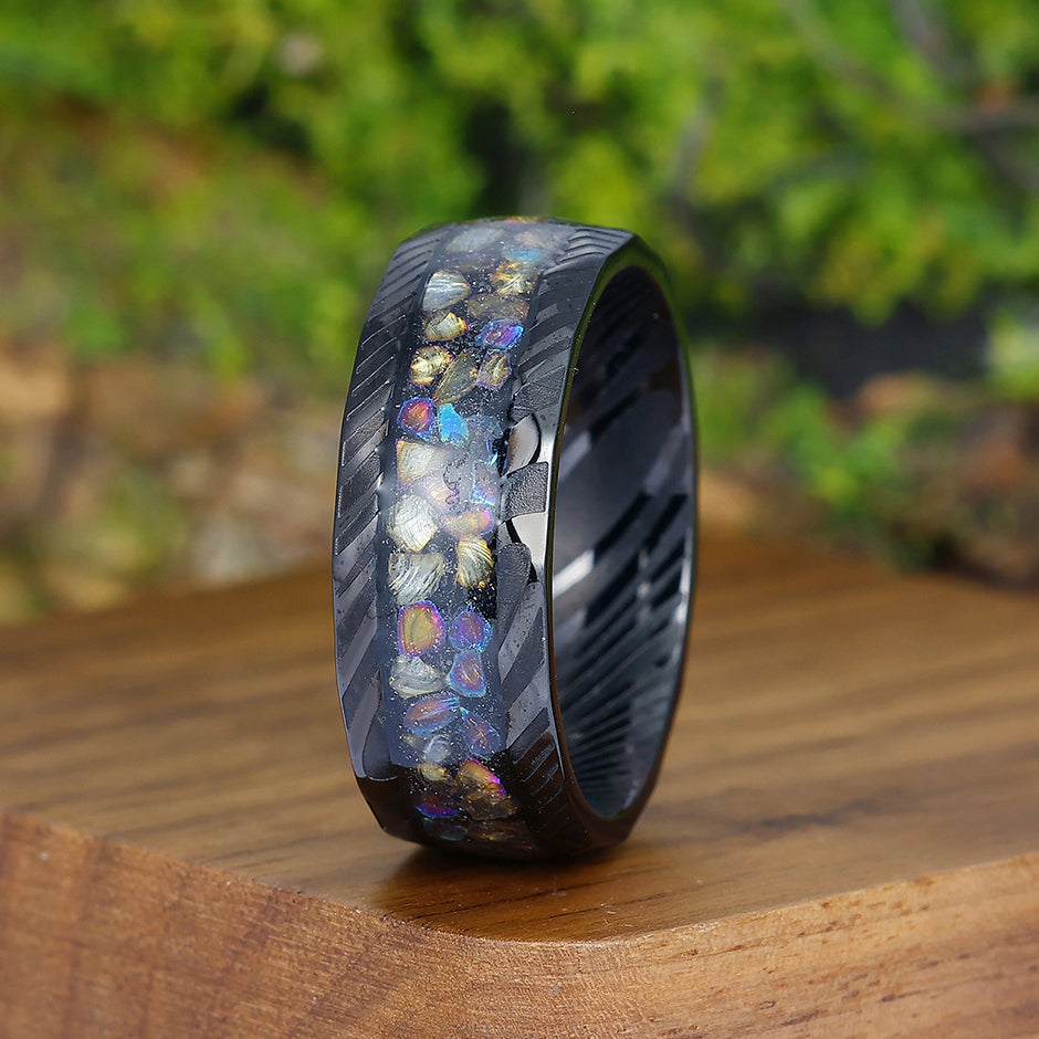 Colorful Opal 8mm  Damascus Steel Wedding Band Unique Men's Ring -  Esdomera.com