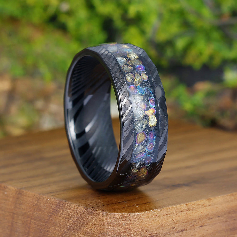 Colorful Opal 8mm  Damascus Steel Wedding Band Unique Men's Ring
