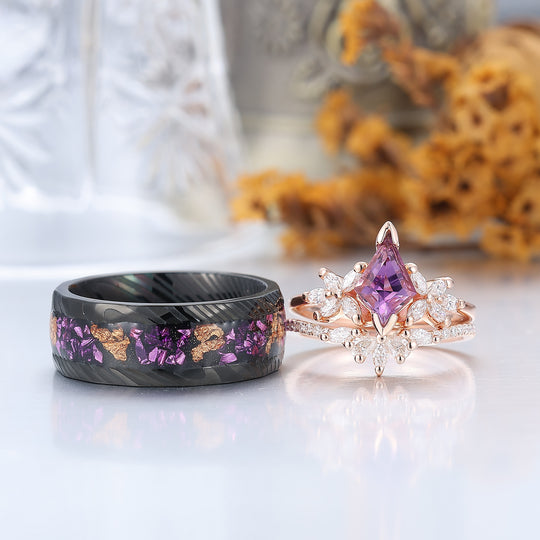 Retro Petal Amethyst Engagement Couples Ring Set S925 And Damascus Steel His and Hers Promise Band