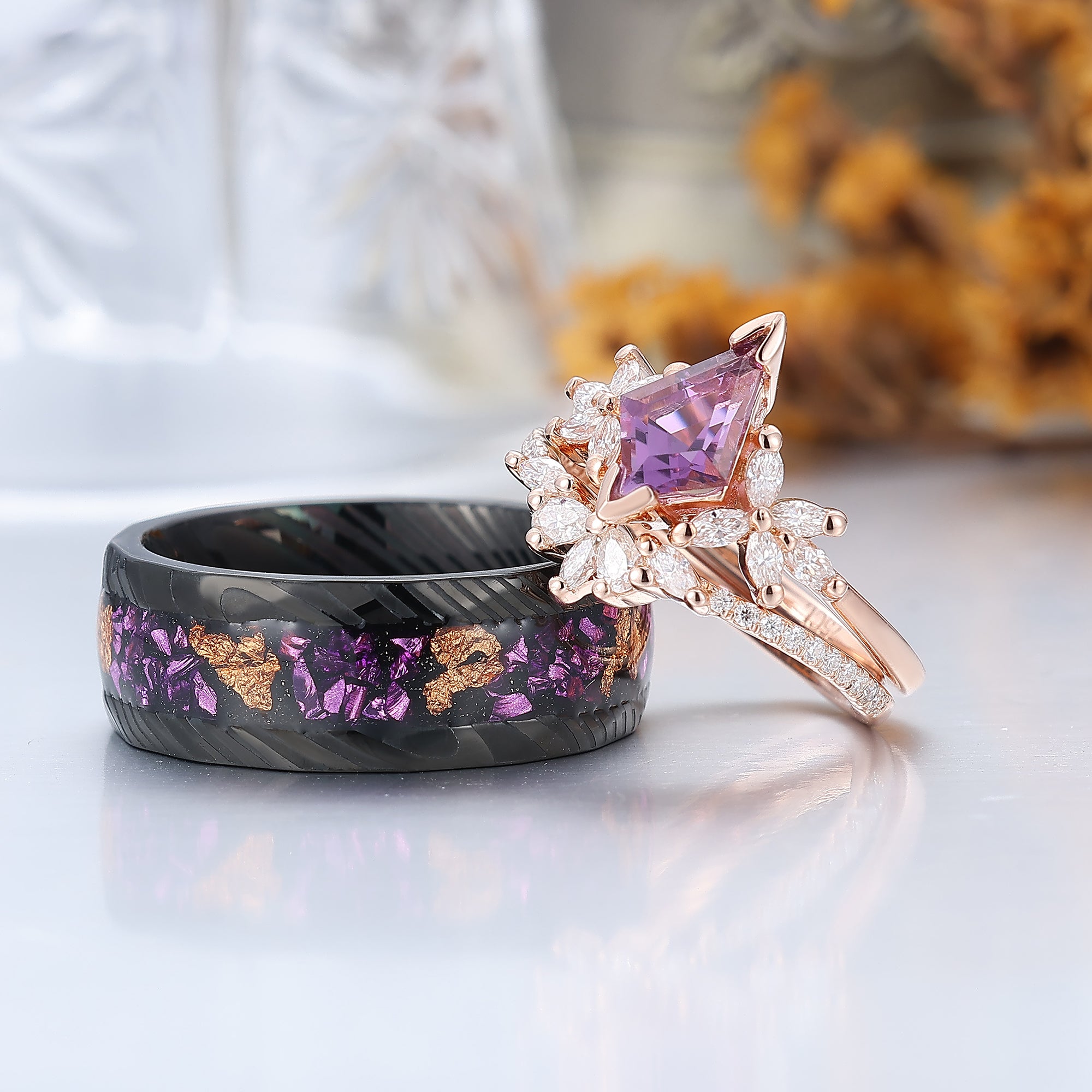 Retro Petal Amethyst Engagement Couples Ring Set S925 And Damascus