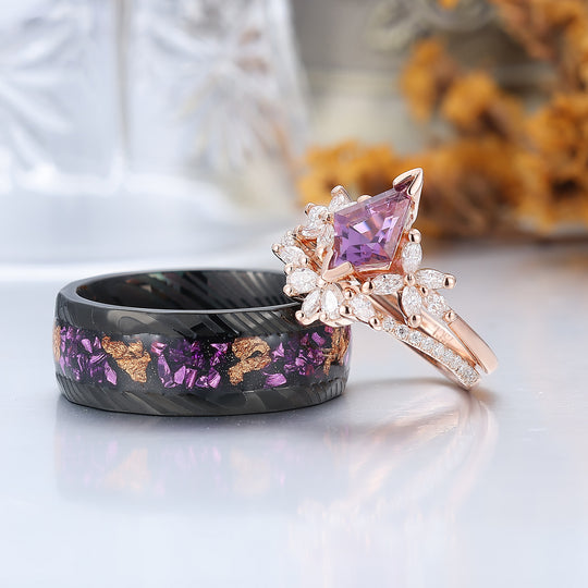 Retro Petal Amethyst Engagement Couples Ring Set S925 And Damascus Steel His and Hers Promise Band