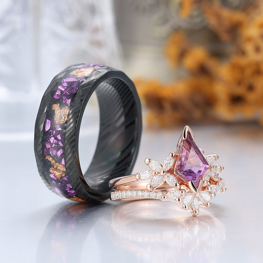 Retro Petal Amethyst Engagement Couples Ring Set S925 And Damascus Steel His and Hers Promise Band
