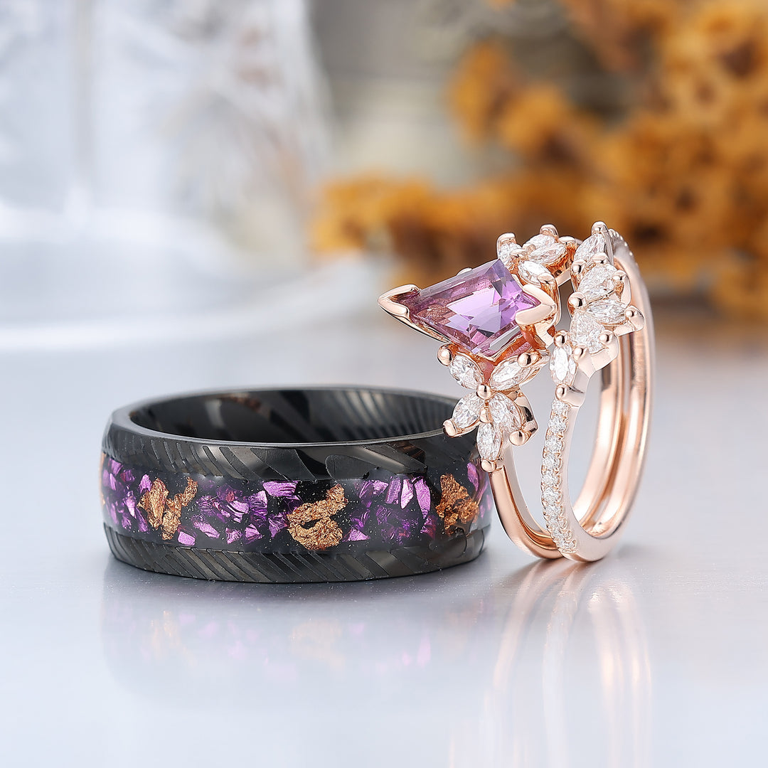Retro Petal Amethyst Engagement Couples Ring Set S925 And Damascus Steel His and Hers Promise Band