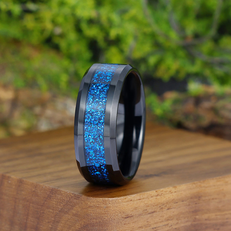 Stylish Crushed Blue Sandstone Tungsten Wedding Band Promise Polished Beveled Edge Black Ring for Men and Women