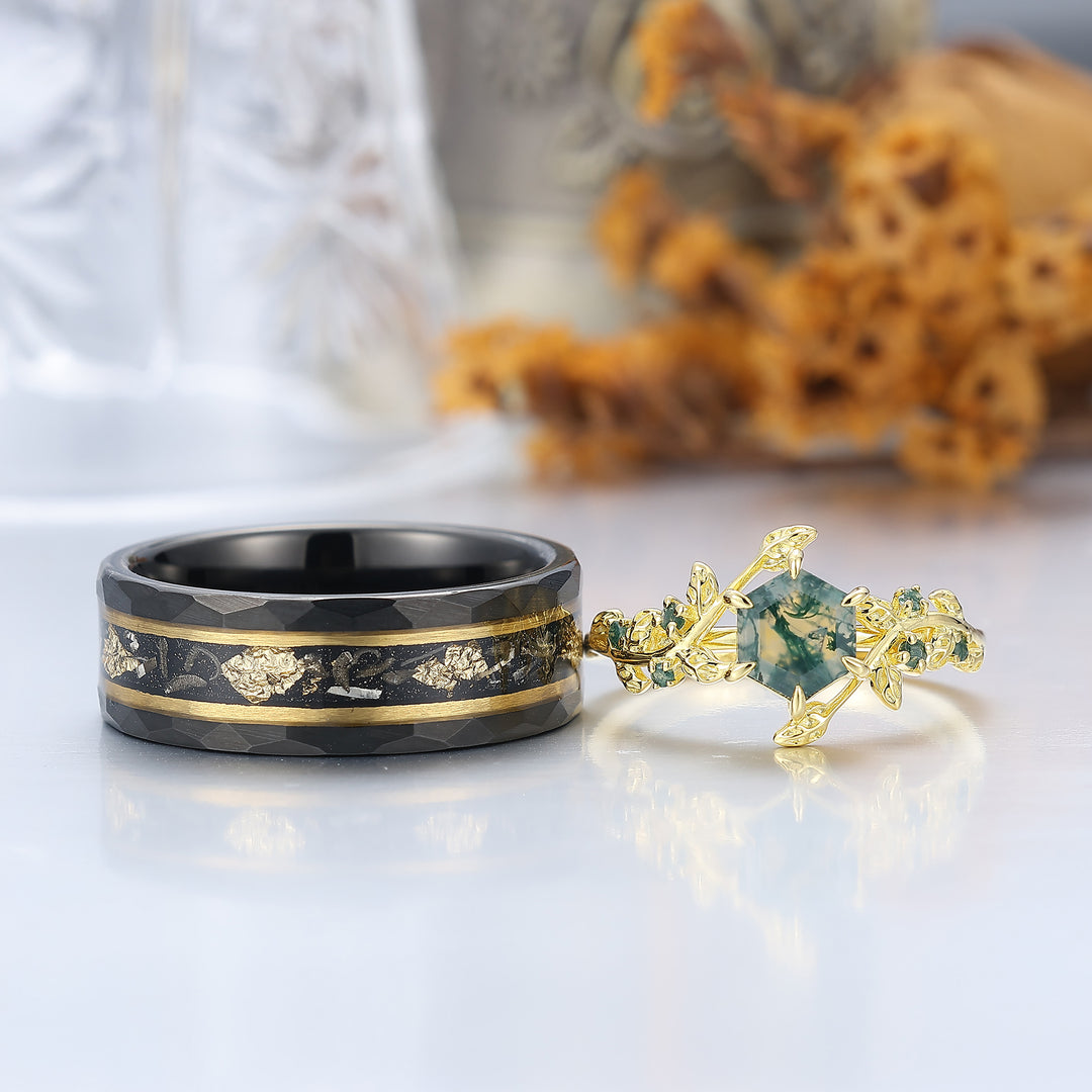 Leaf Inspired Hexagon Cut Natural Moss Agate Couple Rings Silver And Tungsten Wedding Rings