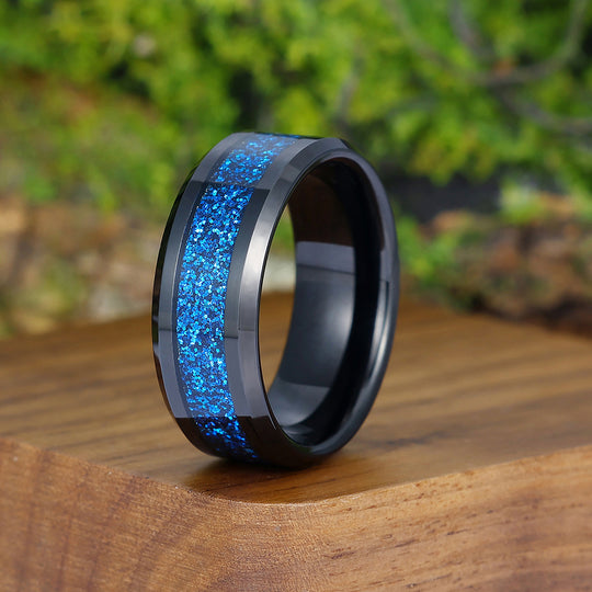 Stylish Crushed Blue Sandstone Tungsten Wedding Band Promise Polished Beveled Edge Black Ring for Men and Women