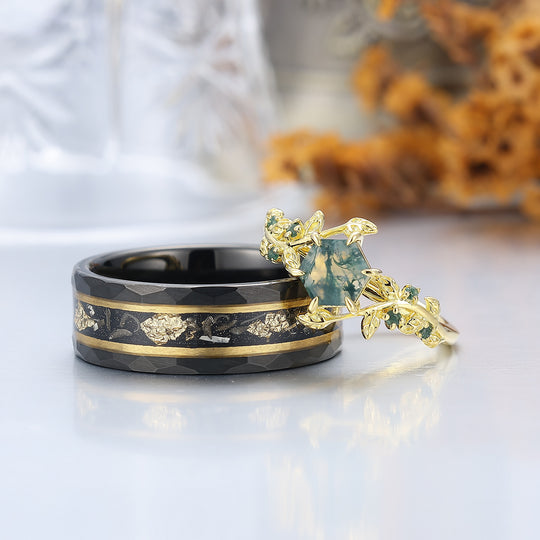 Leaf Inspired Hexagon Cut Natural Moss Agate Couple Rings Silver And Tungsten Wedding Rings