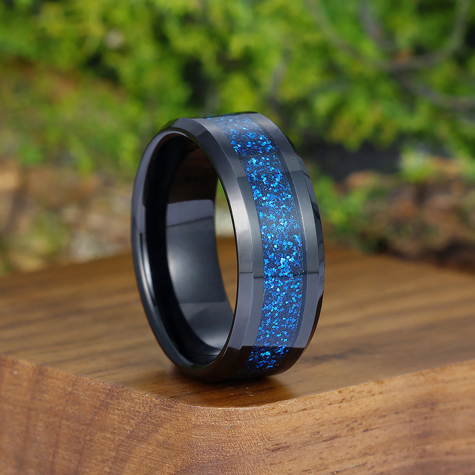 Stylish Crushed Blue Sandstone Tungsten Wedding Band Promise Polished Beveled Edge Black Ring for Men and Women