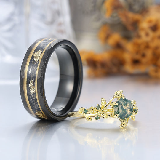 Leaf Inspired Hexagon Cut Natural Moss Agate Couple Rings Silver And Tungsten Wedding Rings