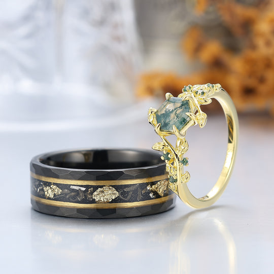 Leaf Inspired Hexagon Cut Natural Moss Agate Couple Rings Silver And Tungsten Wedding Rings
