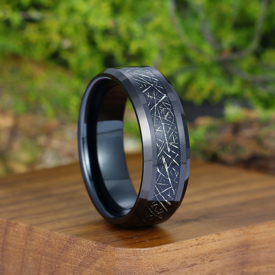 Personalized Crushed Silver Foil Tungsten Men' s Wedding Band Polished Beveled Edge Black Unisex Ring