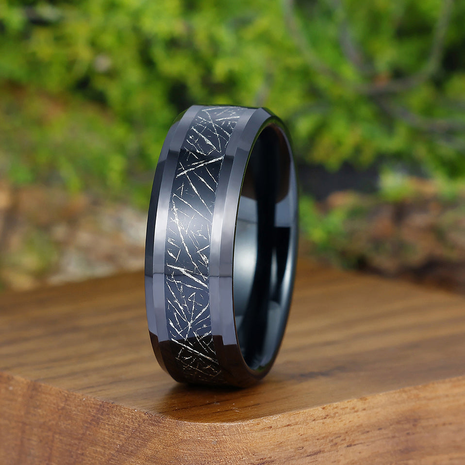 Personalized Crushed Silver Foil Tungsten Men' s Wedding Band Polished Beveled Edge Black Unisex Ring