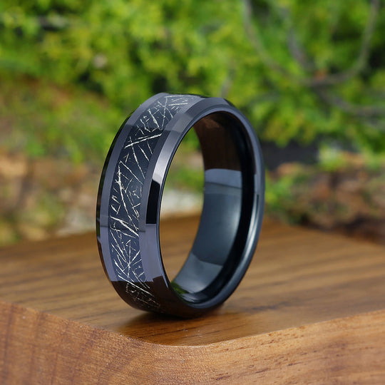 Personalized Crushed Silver Foil Tungsten Men' s Wedding Band Polished Beveled Edge Black Unisex Ring