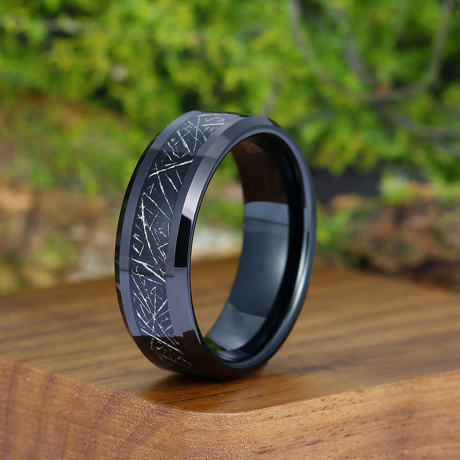 Personalized Crushed Silver Foil Tungsten Men' s Wedding Band Polished Beveled Edge Black Unisex Ring -  Esdomera.com