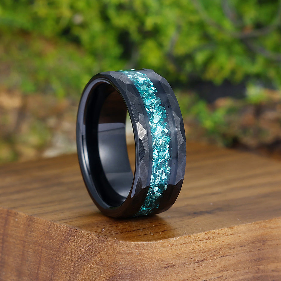 Crushed Aquamarine Tungsten Mens Wedding Band Promise Black Stack Ring Anniversary Ring