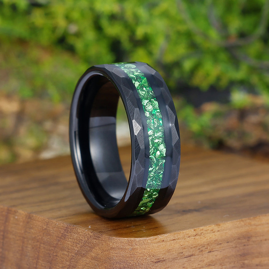 Stylish Hammered Emerald Mens Engagement Tungsten Band 8mm Unisex Ring Birthday Anniversary Ring