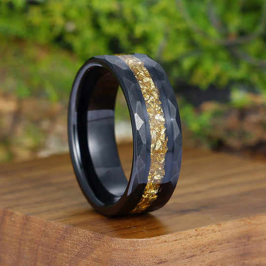 Crushed Yellow Citrine Hammered Mens Tungsten Ring Promise Black Stack Ring Comfort Fit Anniversary Wedding Band