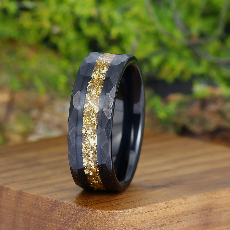 Crushed Yellow Citrine Hammered Mens Tungsten Ring Promise Black Stack Ring Comfort Fit Anniversary Wedding Band