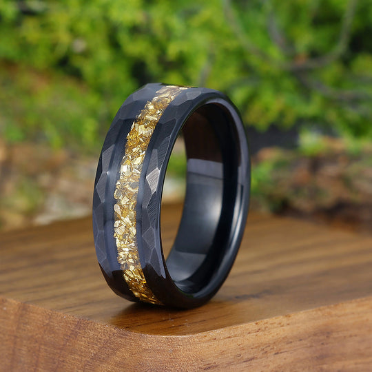 Crushed Yellow Citrine Hammered Mens Tungsten Ring Promise Black Stack Ring Comfort Fit Anniversary Wedding Band