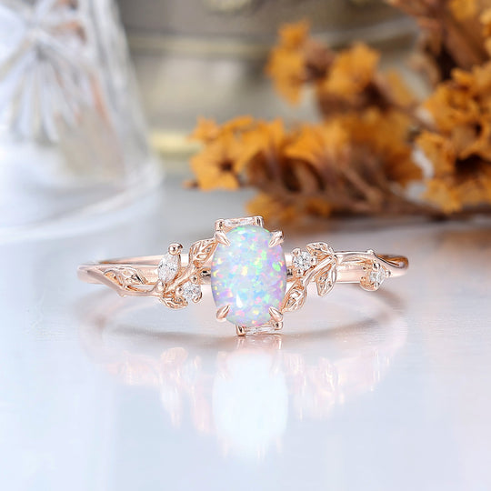 Dainty Oval Pink White Opal Bridal Ring Leaf Engraved Rose Gold Women Ring