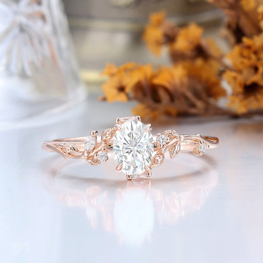Artsy Oval Cut 1.5CT Moissanite Engagement Ring Leaf Style Bridal Anniversary Ring