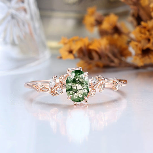 Unique Leaf Design Natural Moss Agate Engagement Ring Rose Gold Prong Setting Bridal Ring