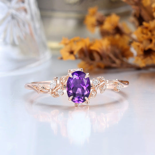 Anello di fidanzamento ovale in ametista ispirato alla natura, anello nuziale in oro massiccio, anello in argento sterling per lei