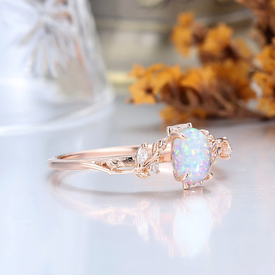 Dainty Oval Pink White Opal Bridal Ring Leaf Engraved Rose Gold Women Ring