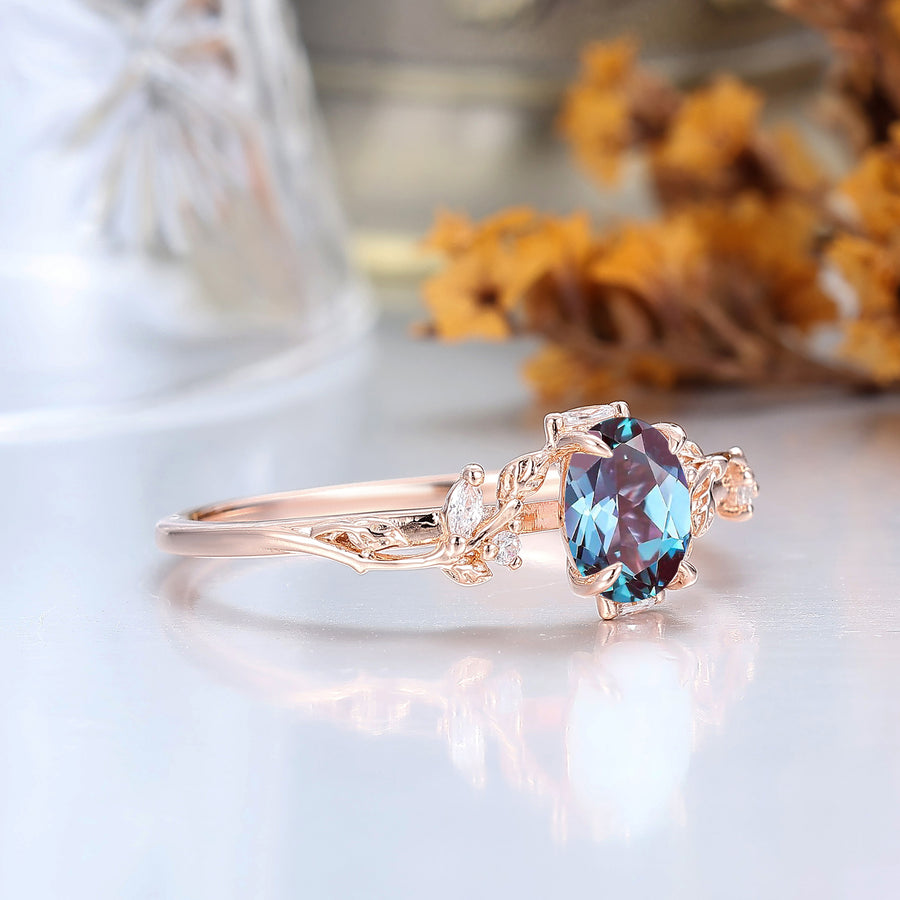 Art Deco Oval Color-Change Alexandrite Engagement Ring Leaf Design Ring For Her