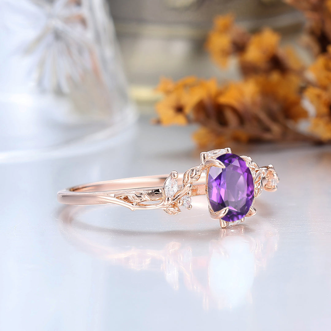 Anello di fidanzamento ovale in ametista ispirato alla natura, anello nuziale in oro massiccio, anello in argento sterling per lei